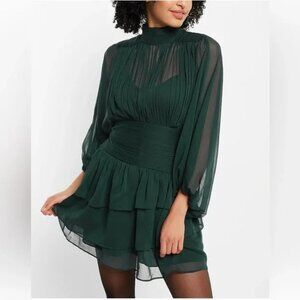 NEW Express Mock Neck Long Sleeve Pleated Waist Tiered Ruffle Mini Dress Green 2
